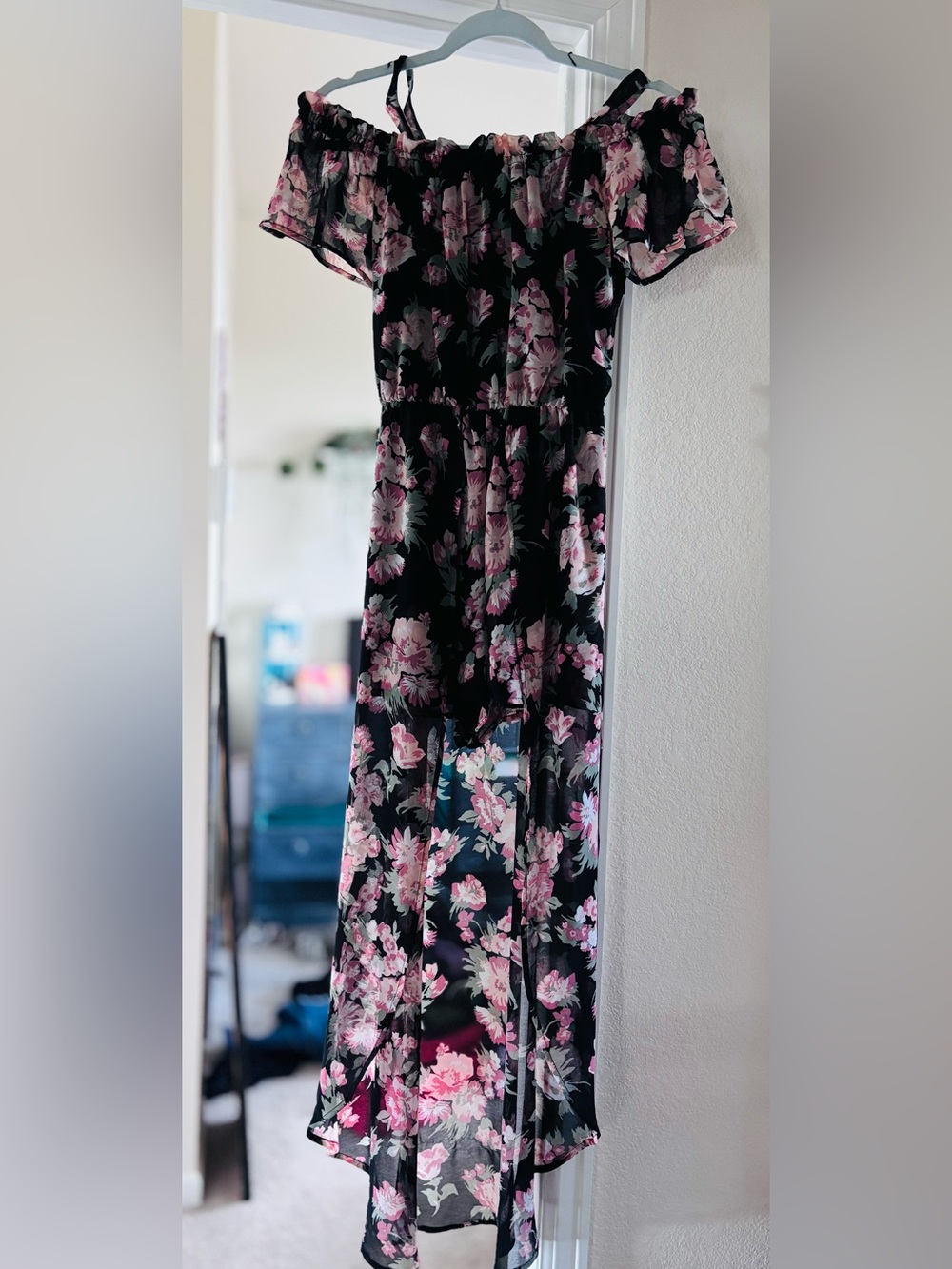 Black Floral Half Maxi Dress and half shorts with Pink Blooms